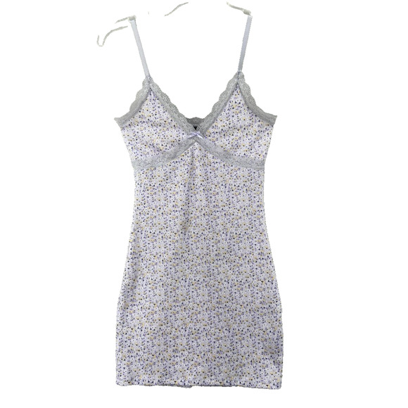 H&M‎ Divided Women Dress Sz S Y2K Lilac Floral Ribbed Lace Spaghetti Mini Tank - Picture 1 of 14
